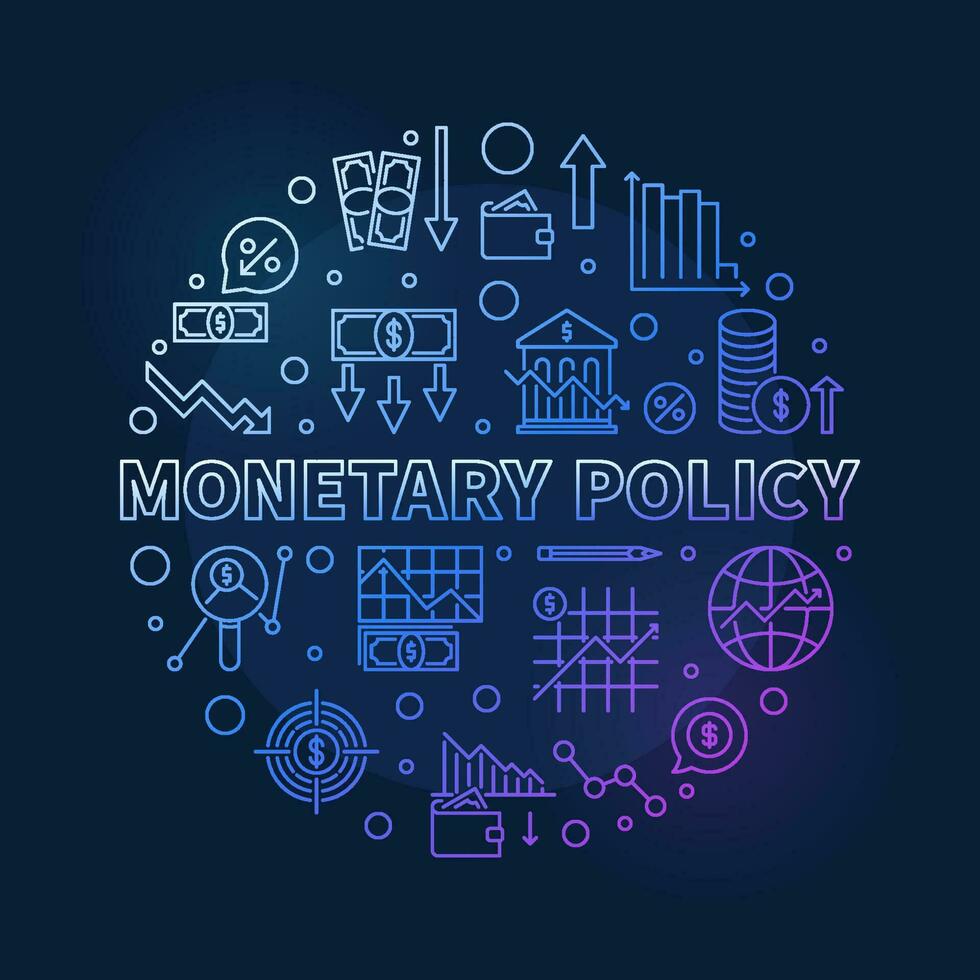 Monetary Policy round blue banner in line style. Macroeconomics vector illustration