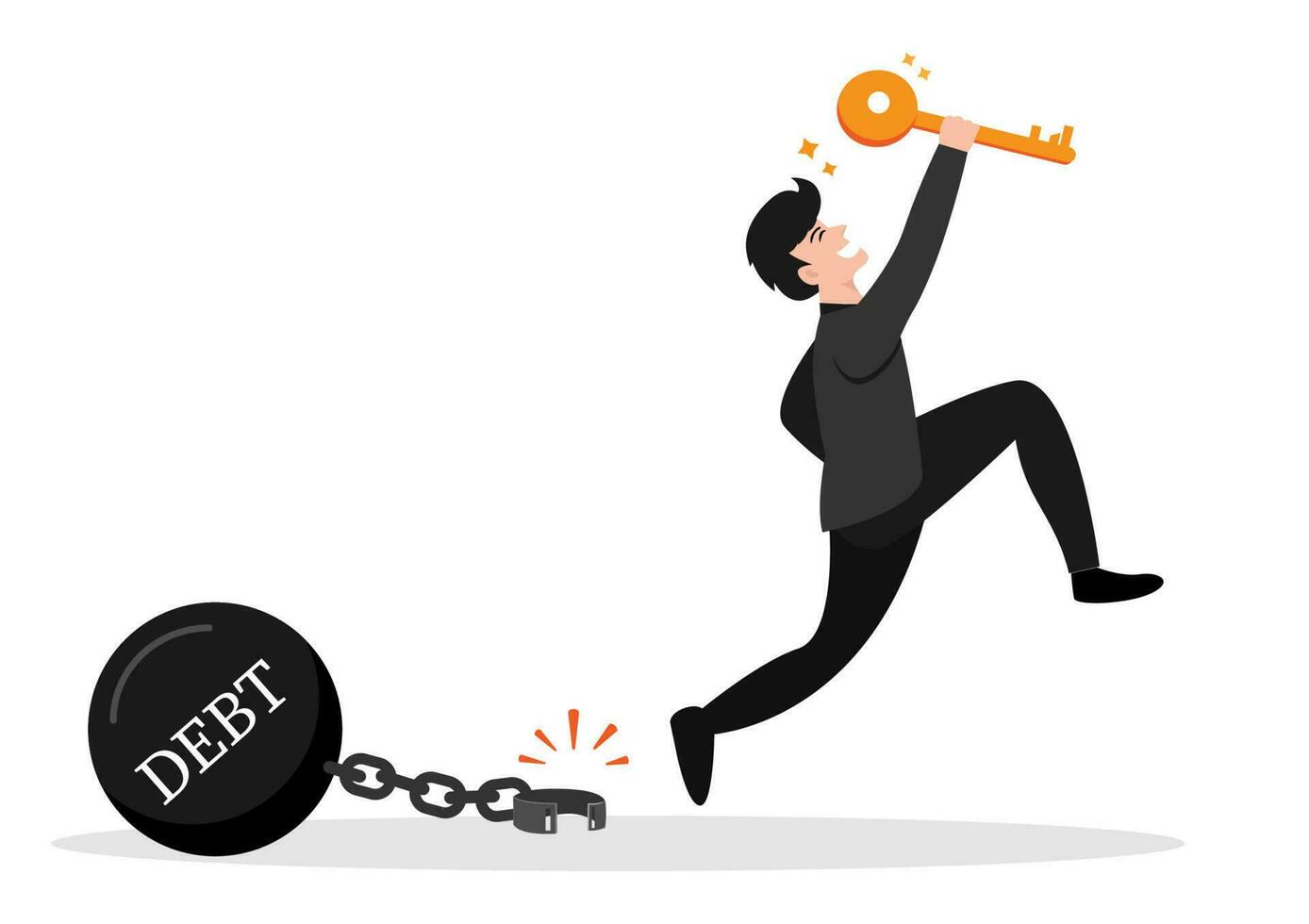 Debt free or freedom for pay off debts, loan or mortgage, solution to solve financial problem, savings or investment to break free, happy businessman holding golden key after unlock debt burden chain vector