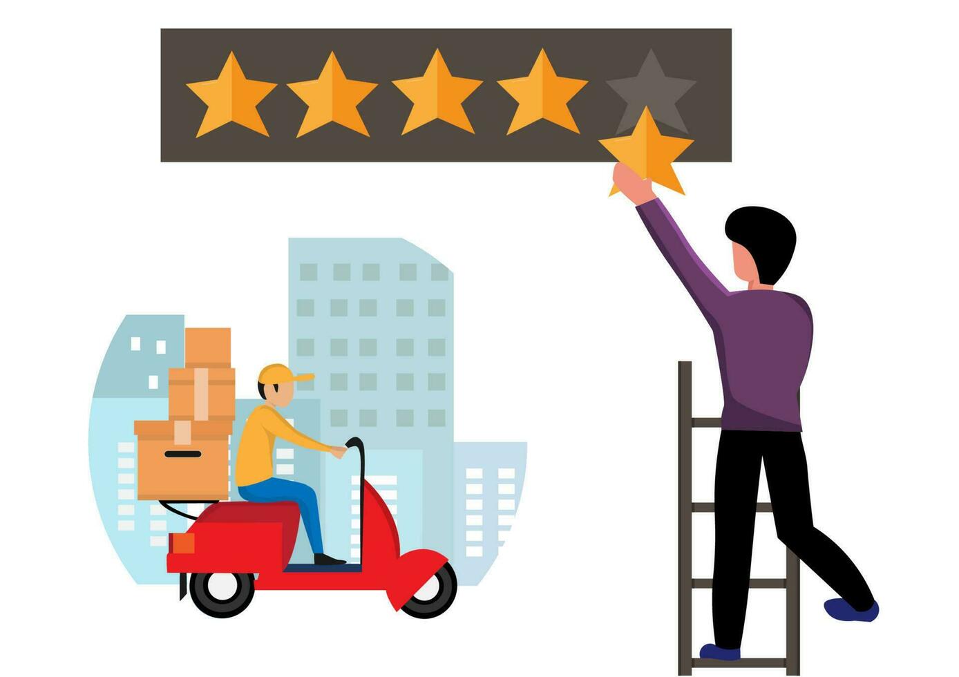 Customer rating. Businessman stands on ladder and gives 5 star, customer feedback. Positive review evaluation system vector concept. Businessman success review, rating service customer illustration