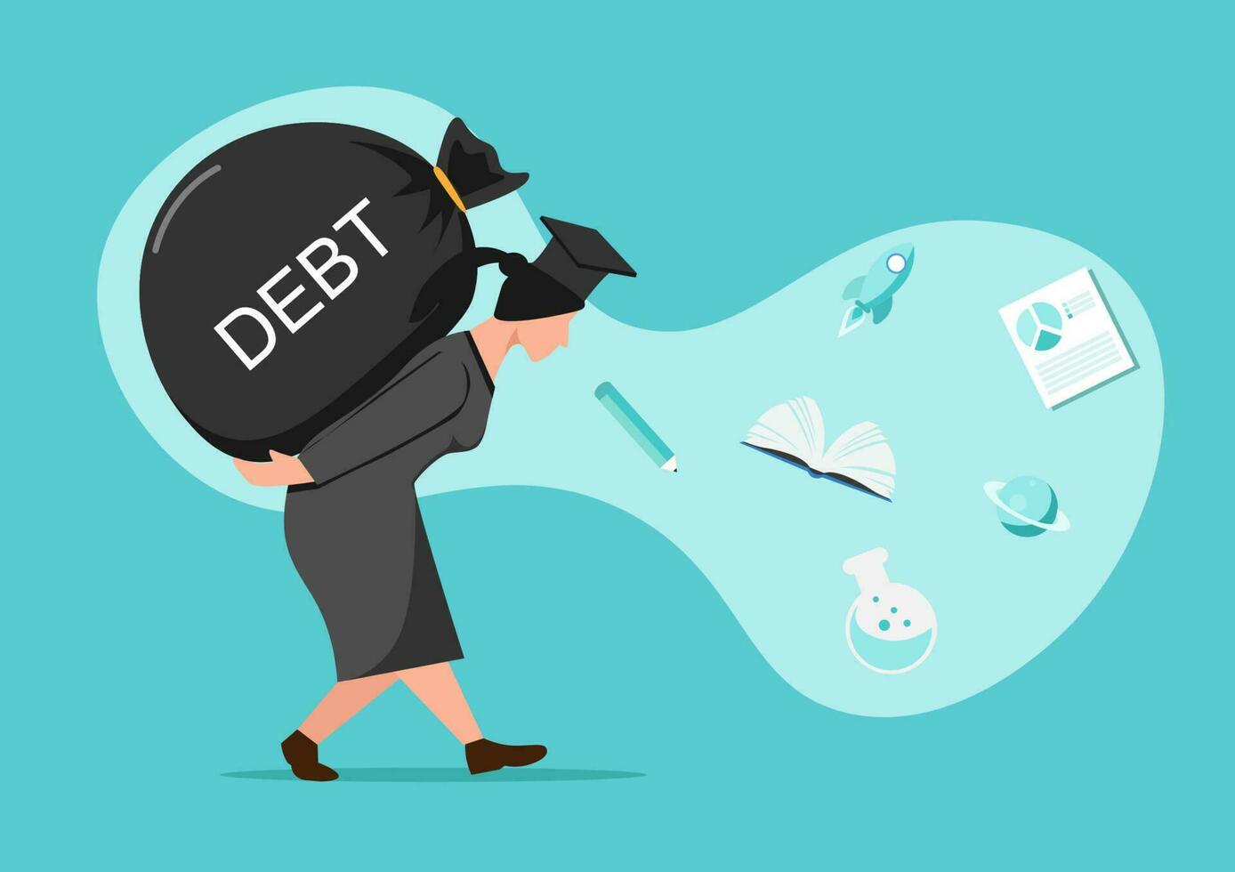 Student loan debt pay off or forgiveness program, cut education expenses or reduce fees concept, young adult woman carrying debt student loan metal ball from mortar board graduation vector