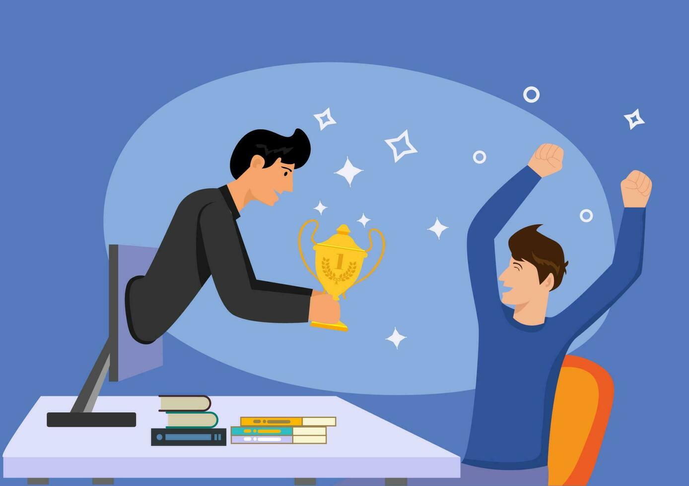 Handsome businessman holds out a golden cup from a monitor to a happy man. Office worker. Award in the online contest. Modern vector illustration.
