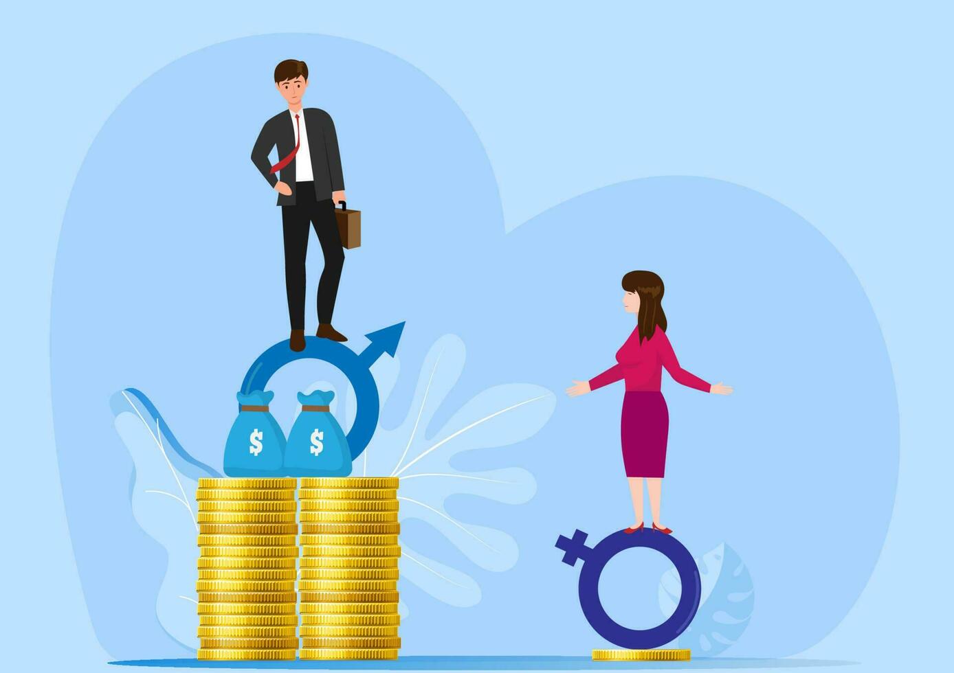 género pagar brecha, desigualdad Entre hombre y mujer salario, salario o ingreso, problema acerca de género diversificación concepto, empresario en pie en mucho más pagado dinero monedas, mujer en Menos pequeño ingresos moneda vector