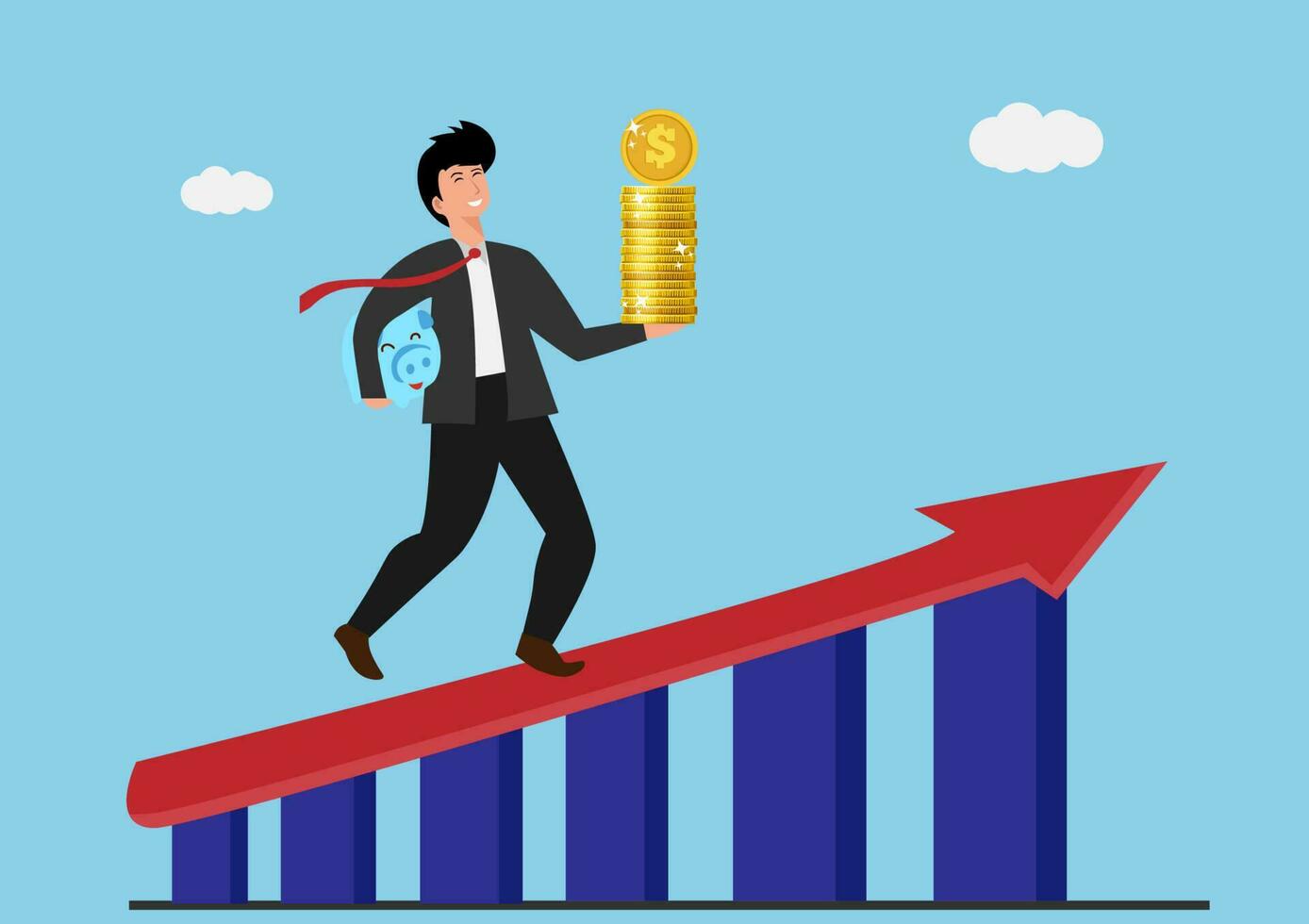 Increase revenue, income or investment profit, growing income or wealth, growth chart diagram or savings and investment return concept, businessman carry money coin stack walk up growth graph diagram. vector