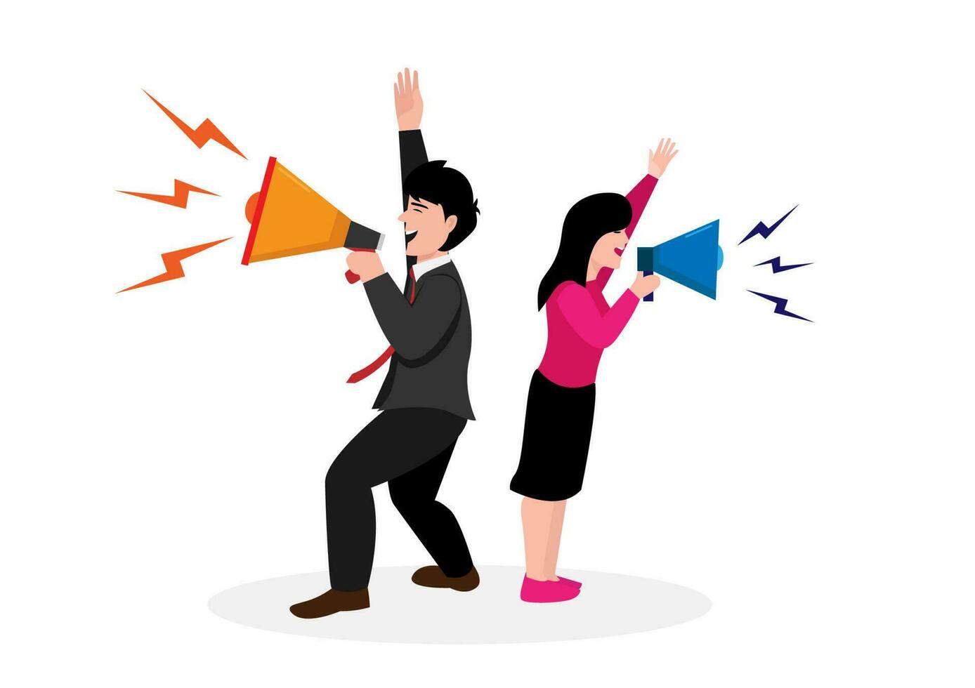 Communicate message, announce job vacancy for hiring, shouting promotion or company communication, warning alert or beware or important message concept, businessman and woman shouting on megaphone. vector