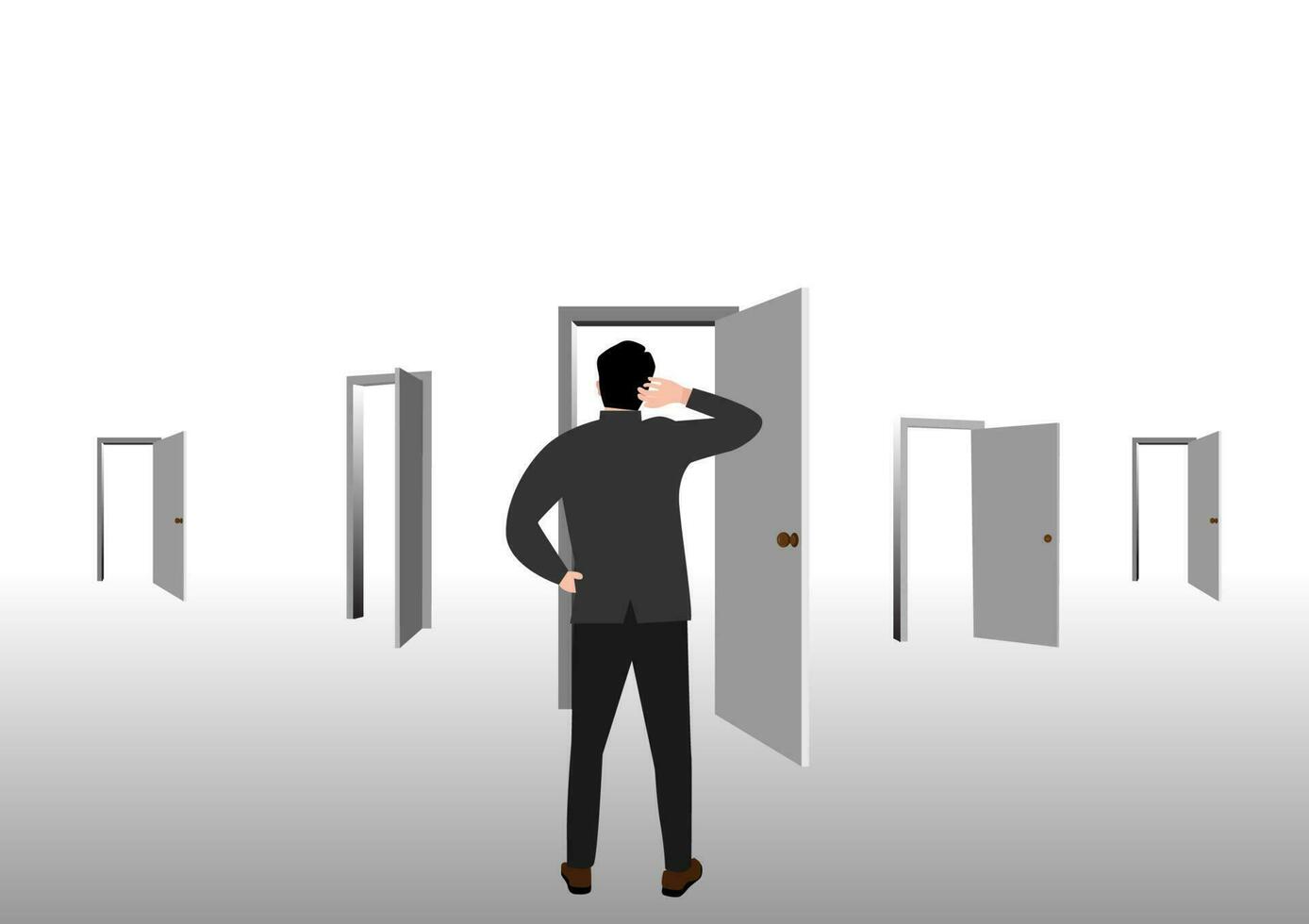 Choosing choices, make decision for career opportunity, alternative pathway, decide for new job or select important chance, right or wrong decision concept, businessman think to choose the right door. vector