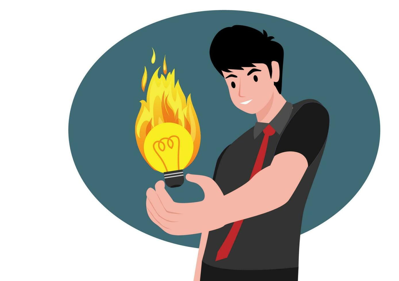 joven hombre participación un ligero bulbo en su mano obtener ideas, resolver problemas, y obtener creativo. negocio. masculino personaje participación un ligero bulbo ardiente con llamas vector ilustración