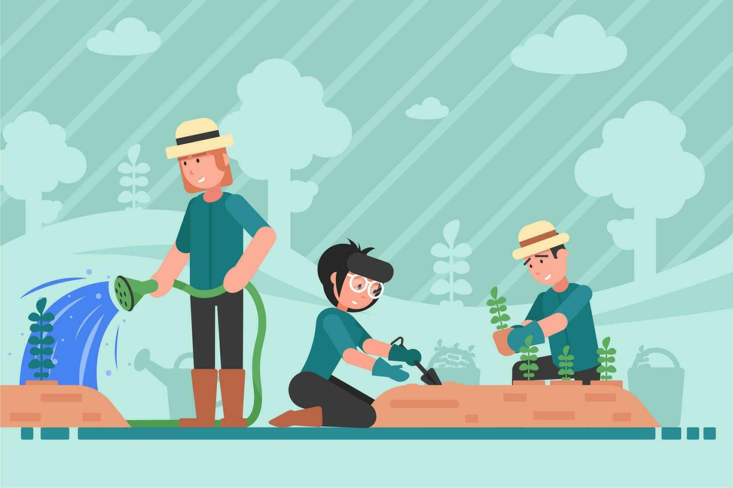 jardinería, trabajo en equipo, naturaleza, plantando, agricultura, ambiente concepto vector