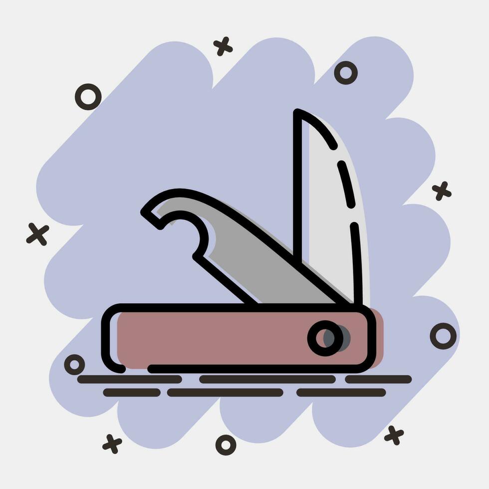 icono corchete cuchillo. cámping y aventuras elementos. íconos en cómic estilo. bueno para huellas dactilares, carteles, logo, anuncio publicitario, infografía, etc. vector