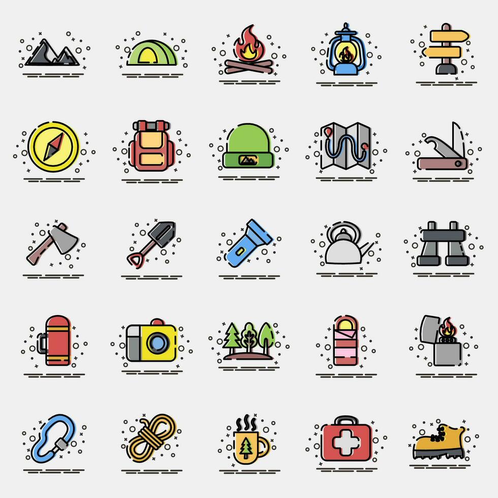 Icon set of camping. Camping and adventure elements. Icons in MBE style. Good for prints, posters, logo, advertisement, infographics, etc. vector