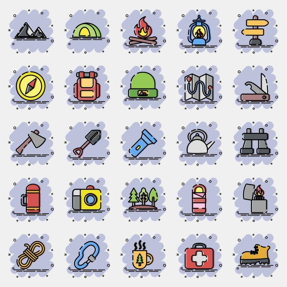 Icon set of camping. Camping and adventure elements. Icons in comic style. Good for prints, posters, logo, advertisement, infographics, etc. vector