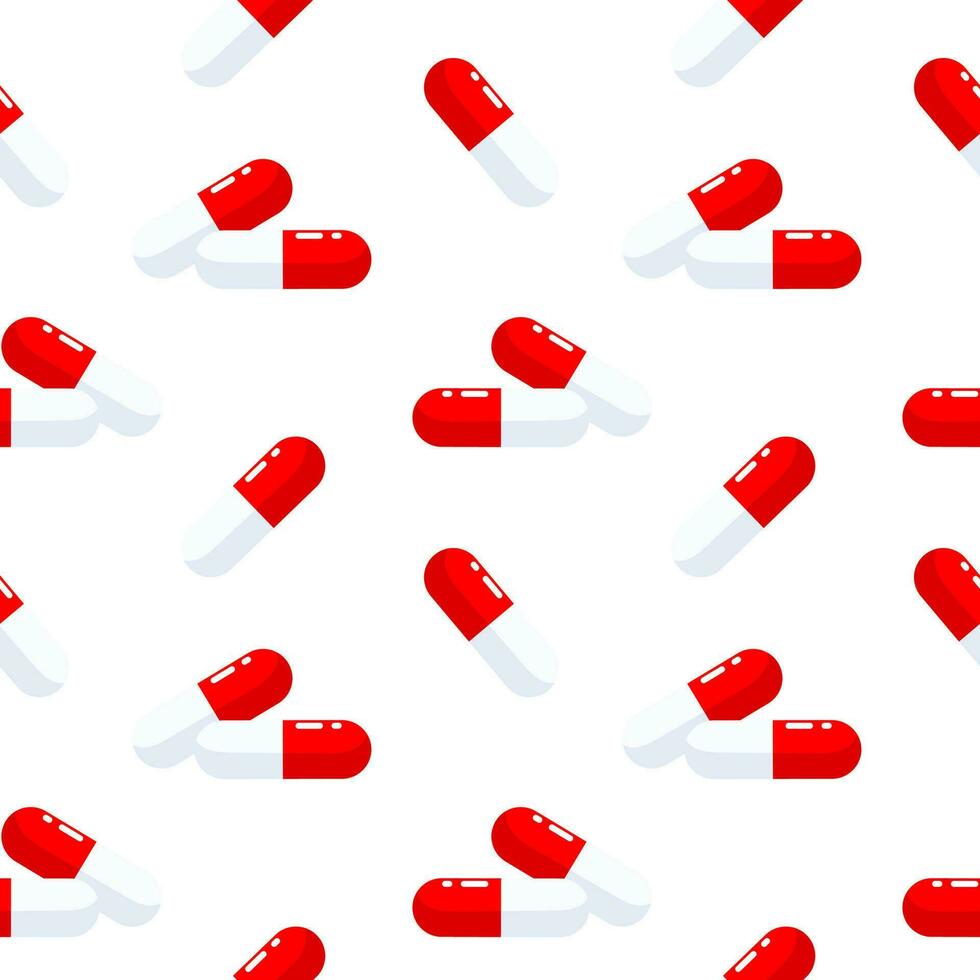 Seamless pattern of red pills on a white background. Pharmaceutical background, medical concept. Vector