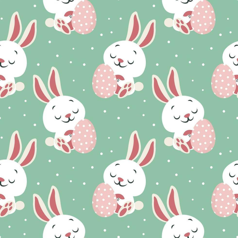 Seamless pattern, cute Easter bunnies with eggs on a polka dot background. Children's print, background, textile, vector