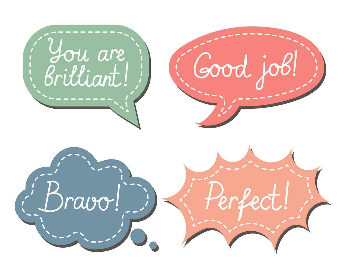 Set of various stickers, speech clouds Job and Great job. School award, encouragement stamp. Student icons in cartoon style, stickers, vector
