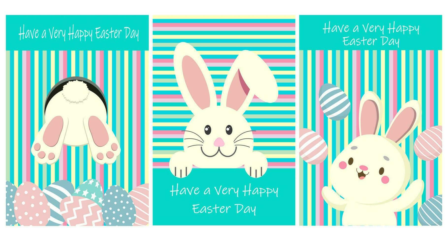 Cute Easter Bunny with eggs on a striped background. Greeting card set, holiday poster, cartoon childish style, vector. vector