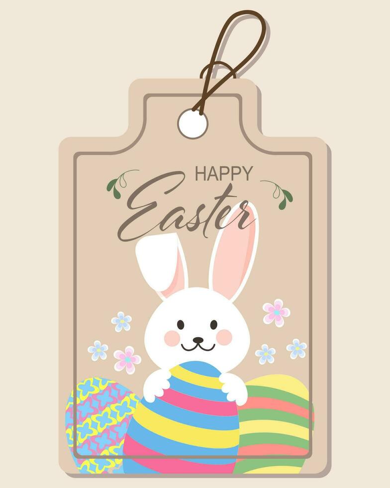 Cute Easter Bunny with eggs and flowers. Easter sticker, label. Postcard, sticker, cartoon childish style, vector