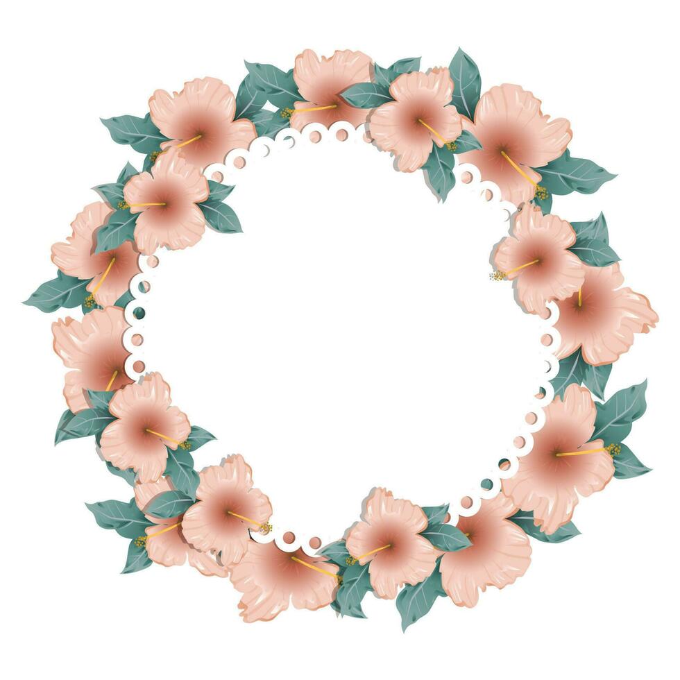 Floral frame of pink hibiscus flowers, floral wreath for text. Illustration, vector