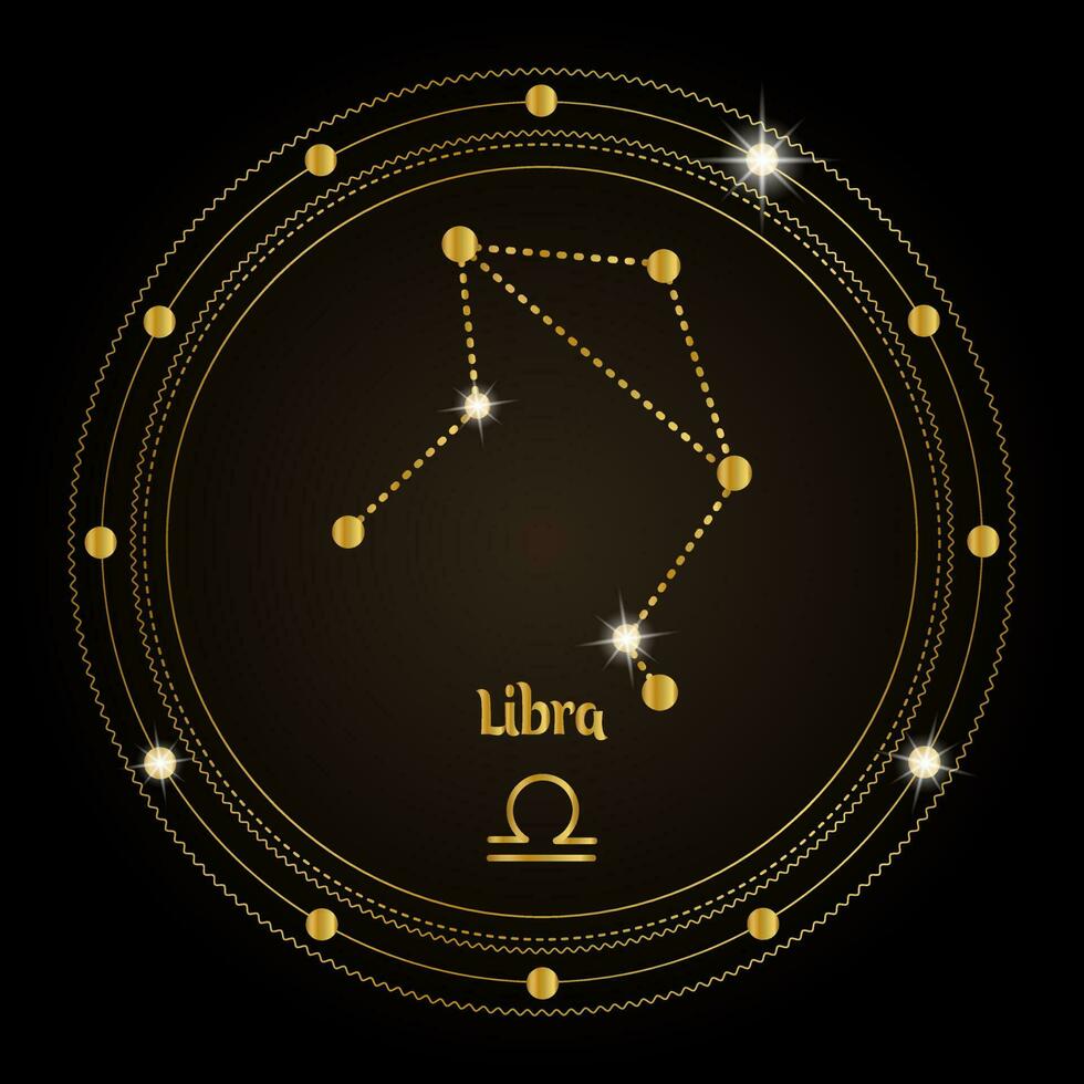 Libra, the constellation of the zodiac sign in the cosmic magic circle. Golden design on a dark background. Vector