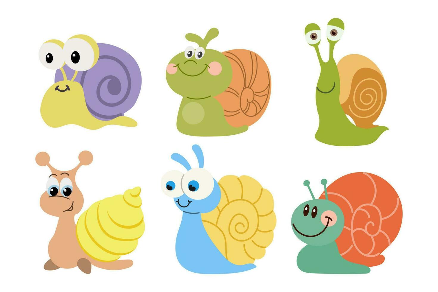 Set of cute cartoon snails. Colorful baby snails, icons, stickers, vector