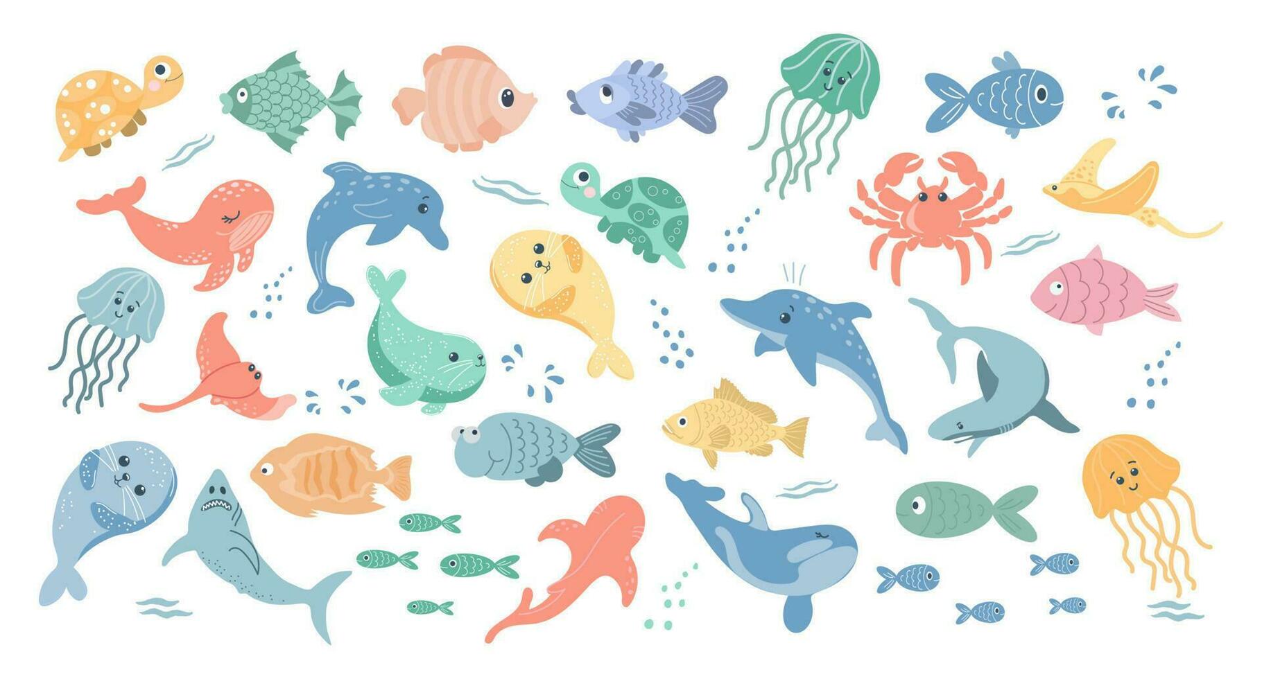 colección de vistoso peces y mar animales íconos en dibujos animados estilo para niños, vector