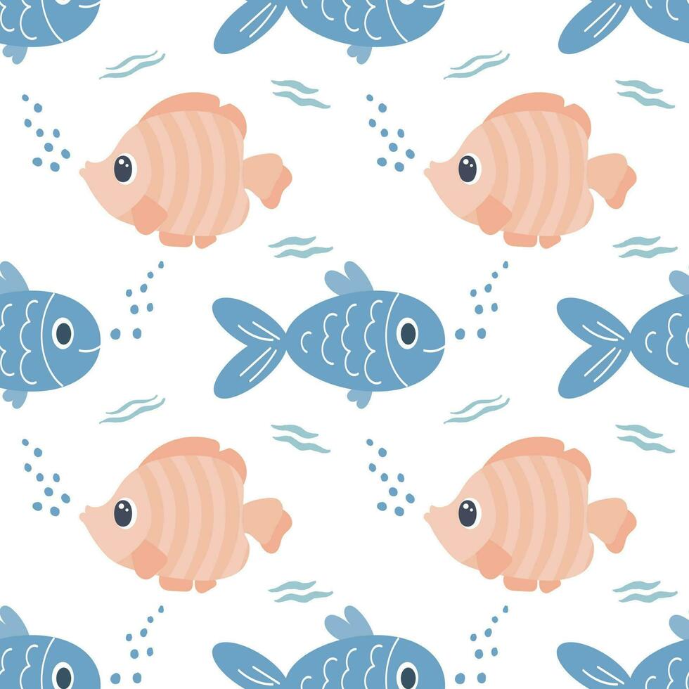 Seamless pattern with cute cartoon kawaii fish on a white background. Children's print, textile, vector