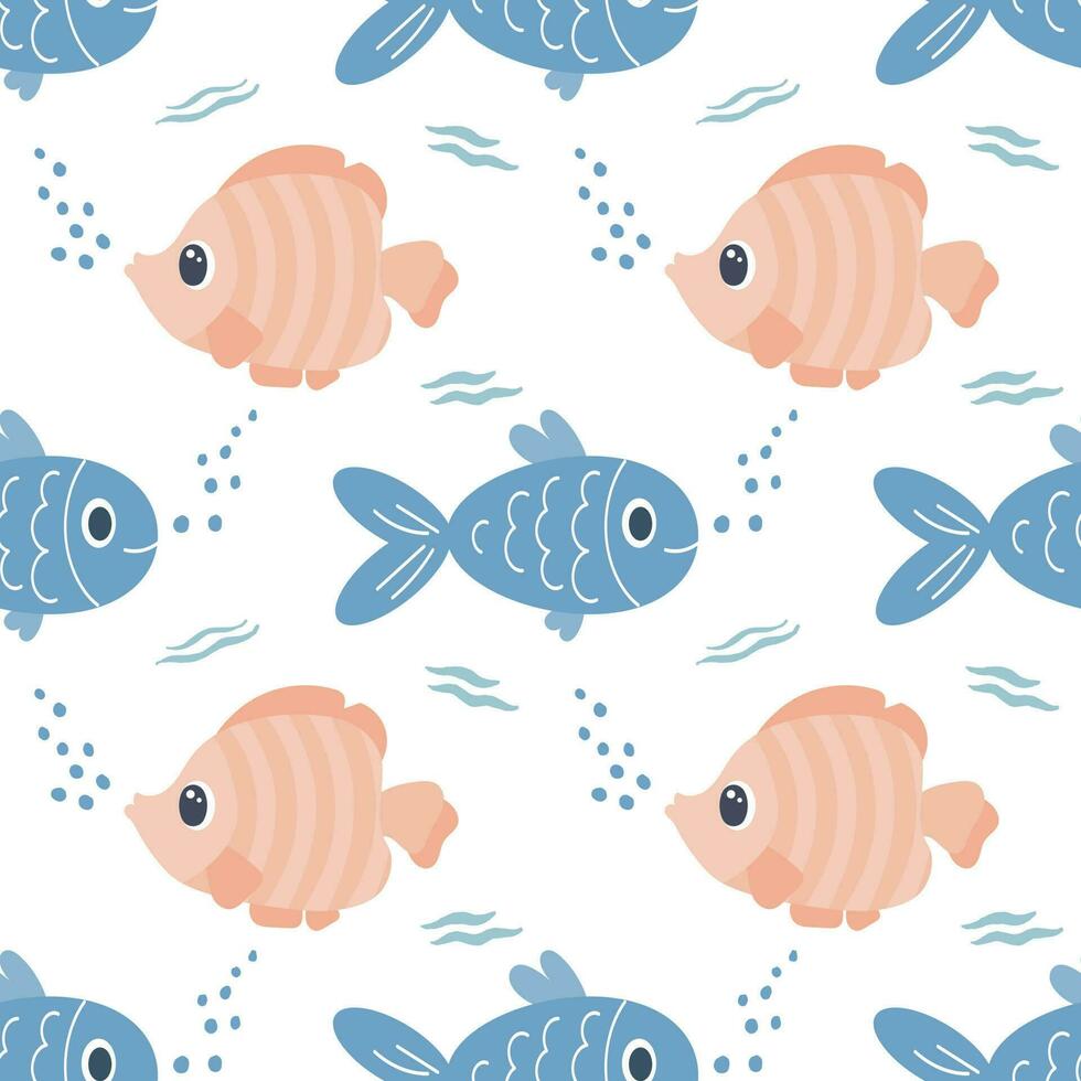 Seamless pattern with cute cartoon kawaii fish on a white background. Children's print, textile, vector