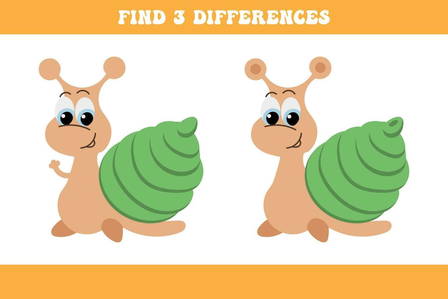 Find 3 differences between two cartoon snails. Children's logic game, educational puzzle, vector