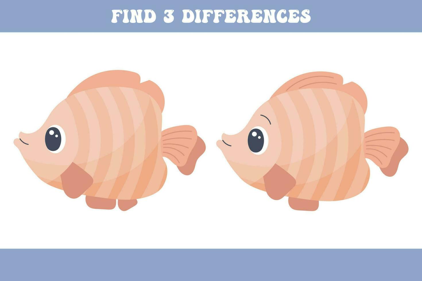 Find 3 differences between the two fish. Children's logic game, educational puzzle, vector