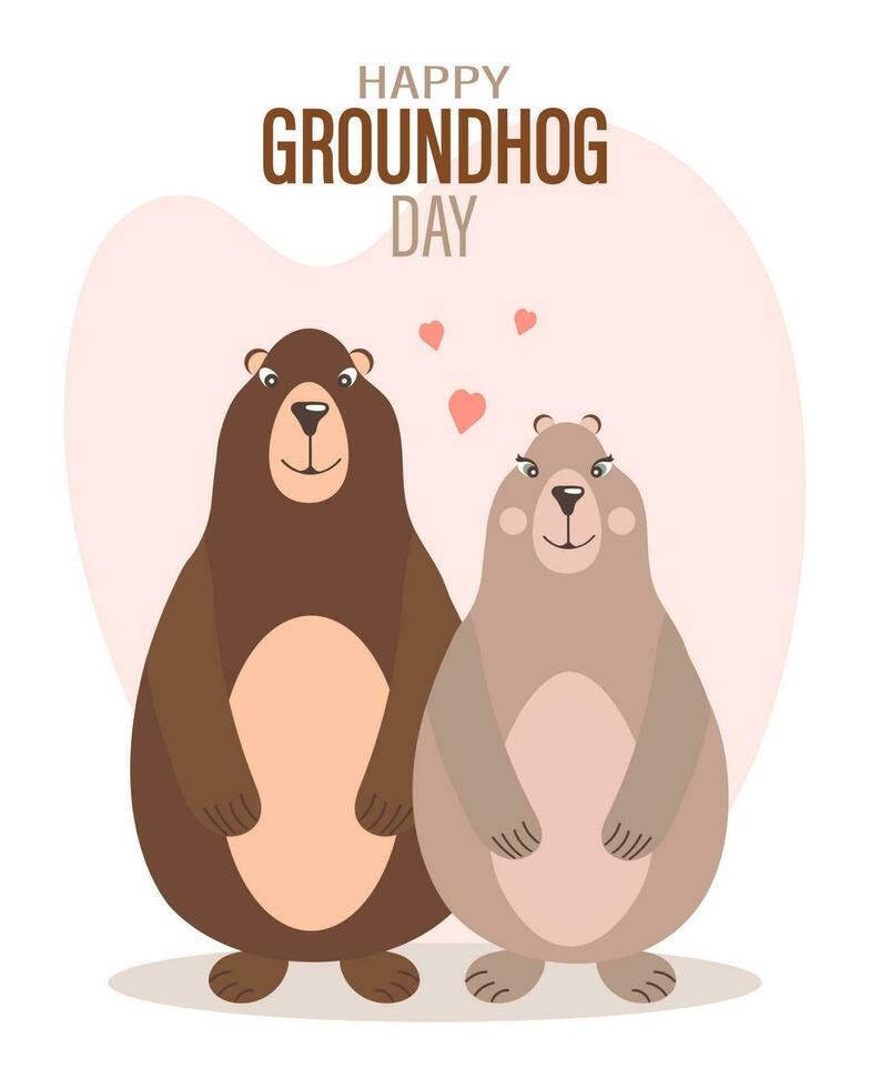 feliz día de la marmota, par de marmotas enamoradas de corazones. pancarta de felicitación, tarjeta, póster, vector