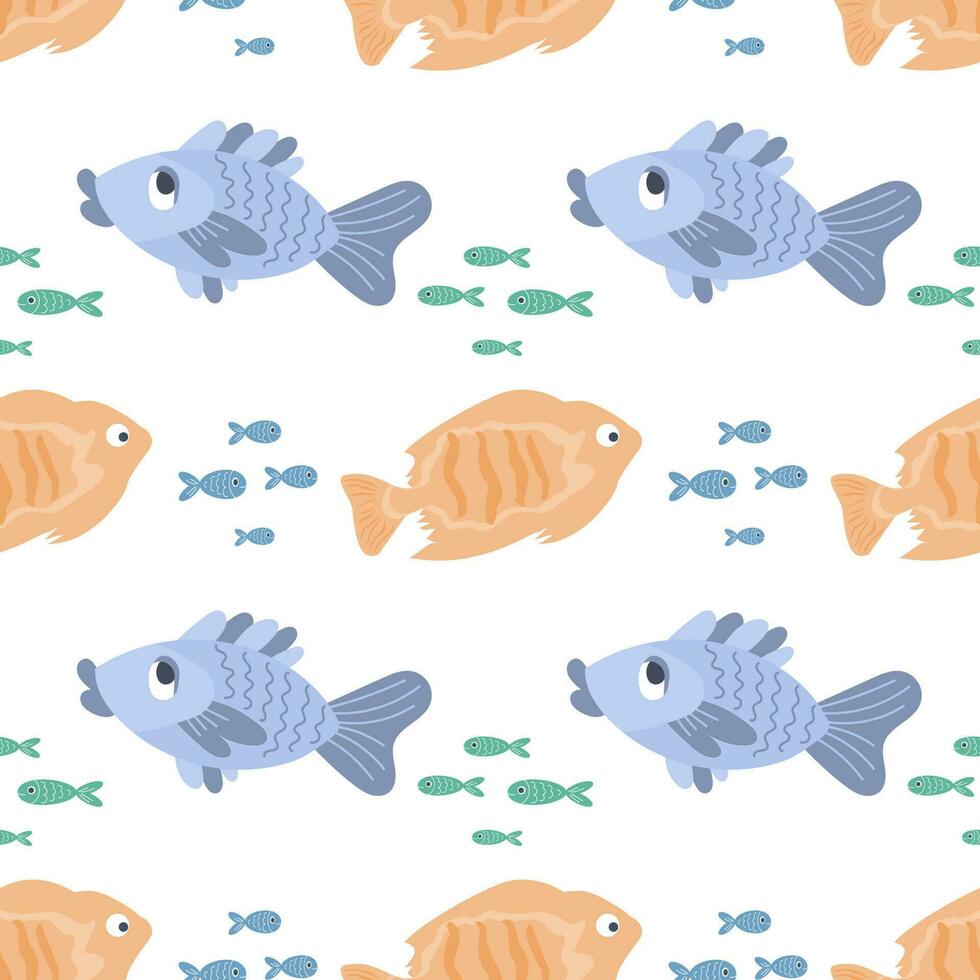 Seamless pattern with cute cartoon kawaii fish on a white background. Children's print, textile, vector