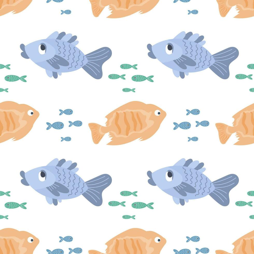 Seamless pattern with cute cartoon kawaii fish on a white background. Children's print, textile, vector