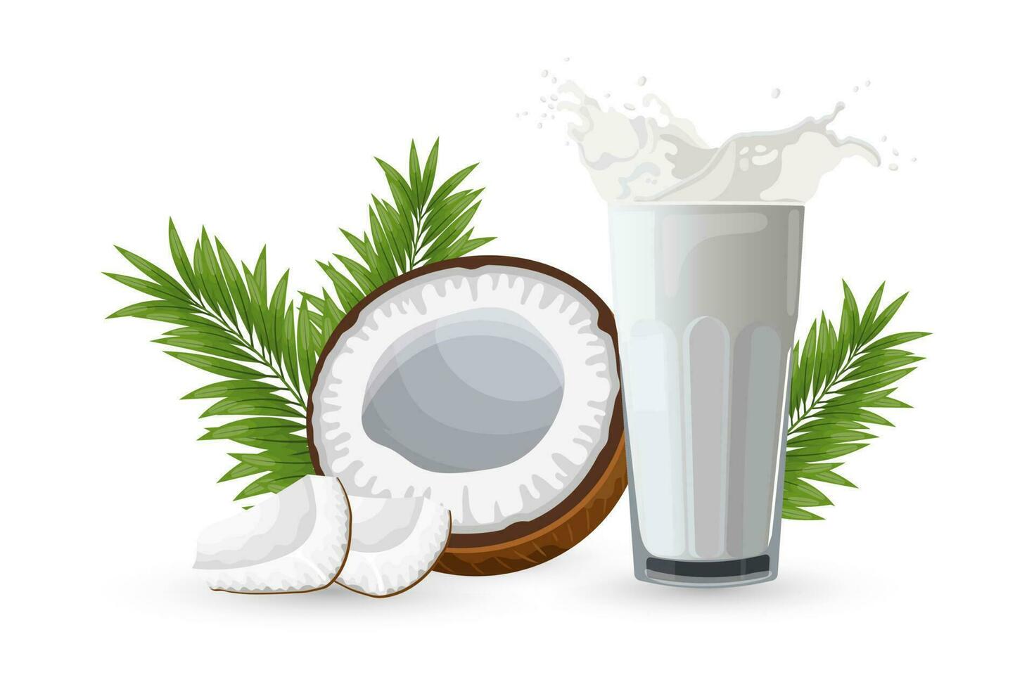 Coconut, half a coconut, pieces of coconut and a glass of milk with splashes on a white background. Illustration, vector