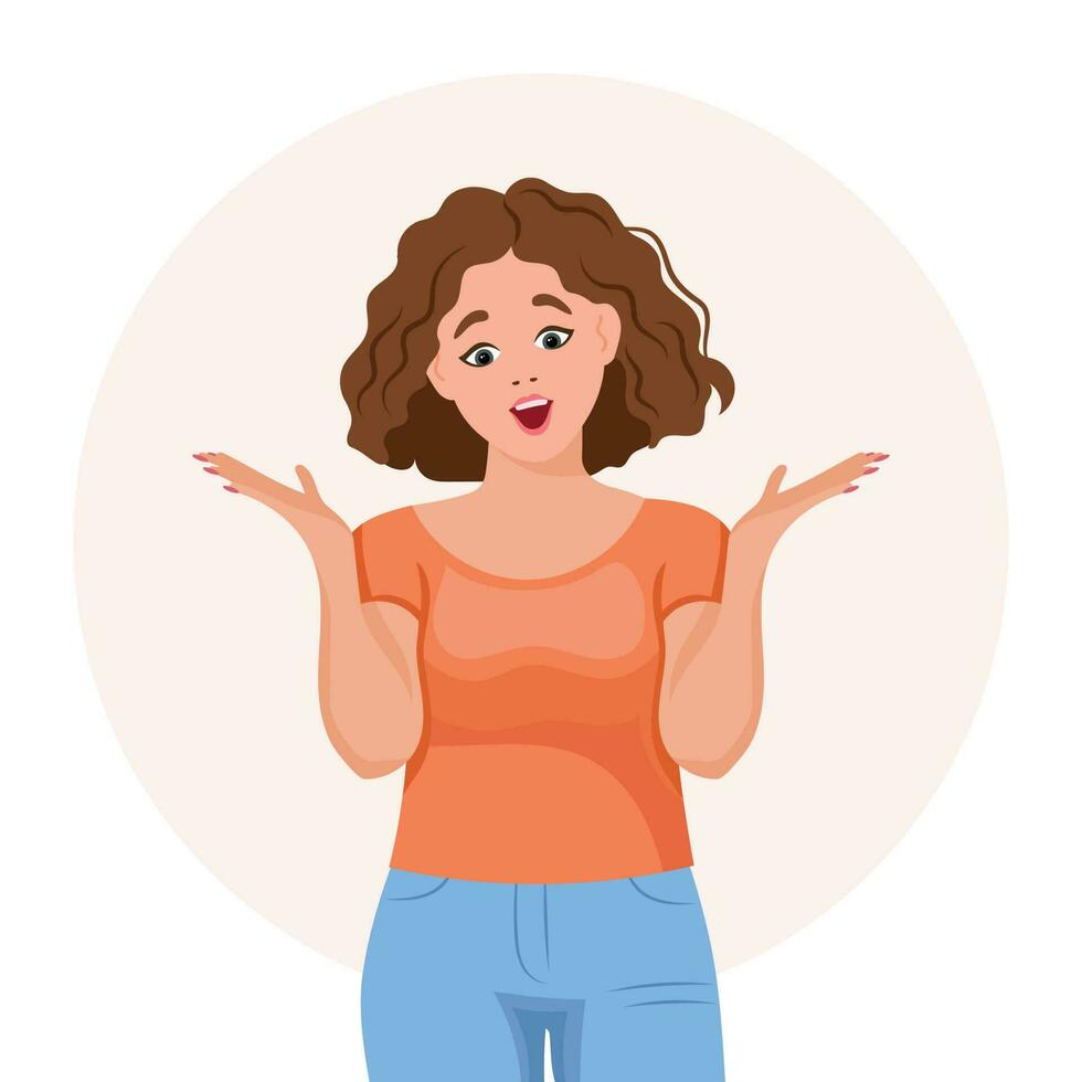 A young woman raised her hands with a surprised expression. Emotions and gestures. Flat style illustration, vector