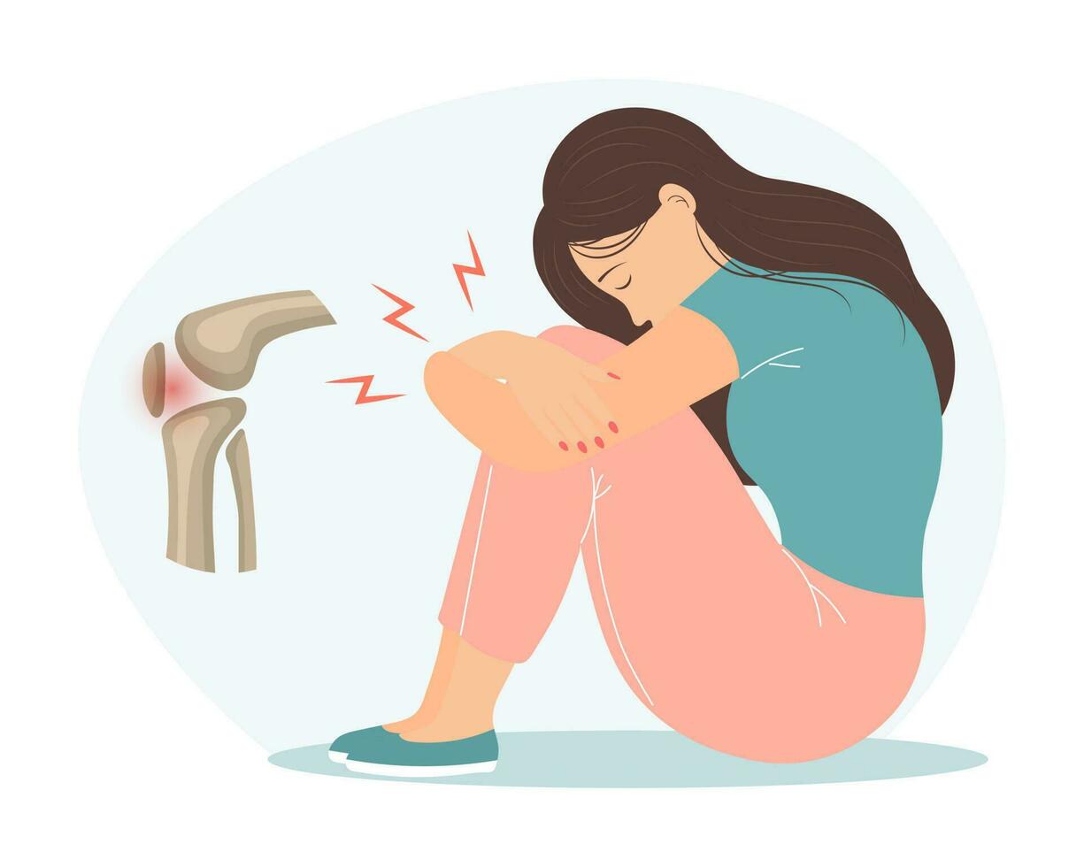 Sad young woman with pain in her knees and knee joint. The concept of health and medicine. Illustration, vector