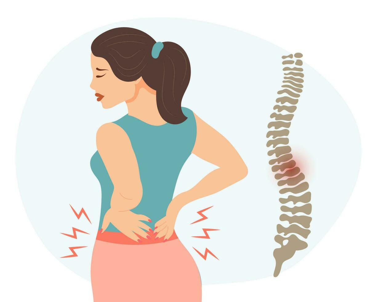 Sad young woman with symptoms of pain in the lower back and spine. The concept of health and medicine. Illustration, vector