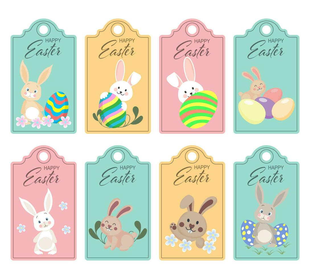 conjunto de Pascua de Resurrección pegatinas, etiquetas. linda Pascua de Resurrección conejito con huevos y flores postales, pegatinas, dibujos animados infantil estilo, vector