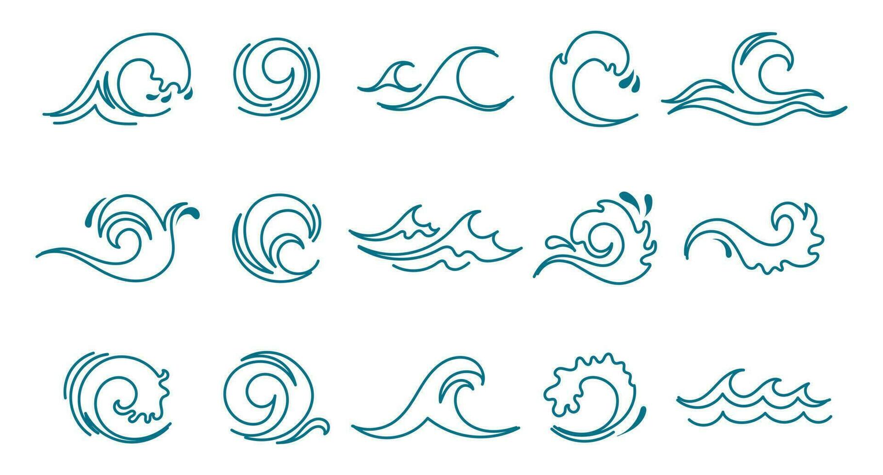 Blue ocean sea waves set. Line icons, logos, vector