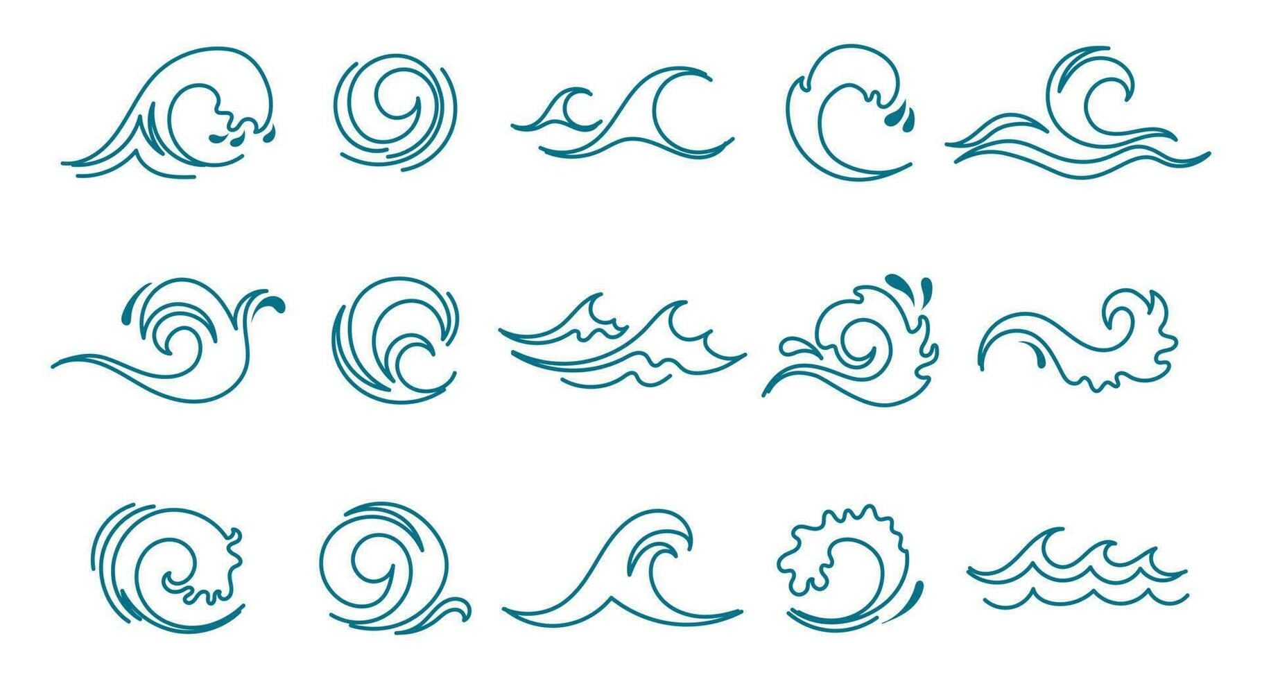 azul Oceano mar olas colocar. línea iconos, logotipos, vector