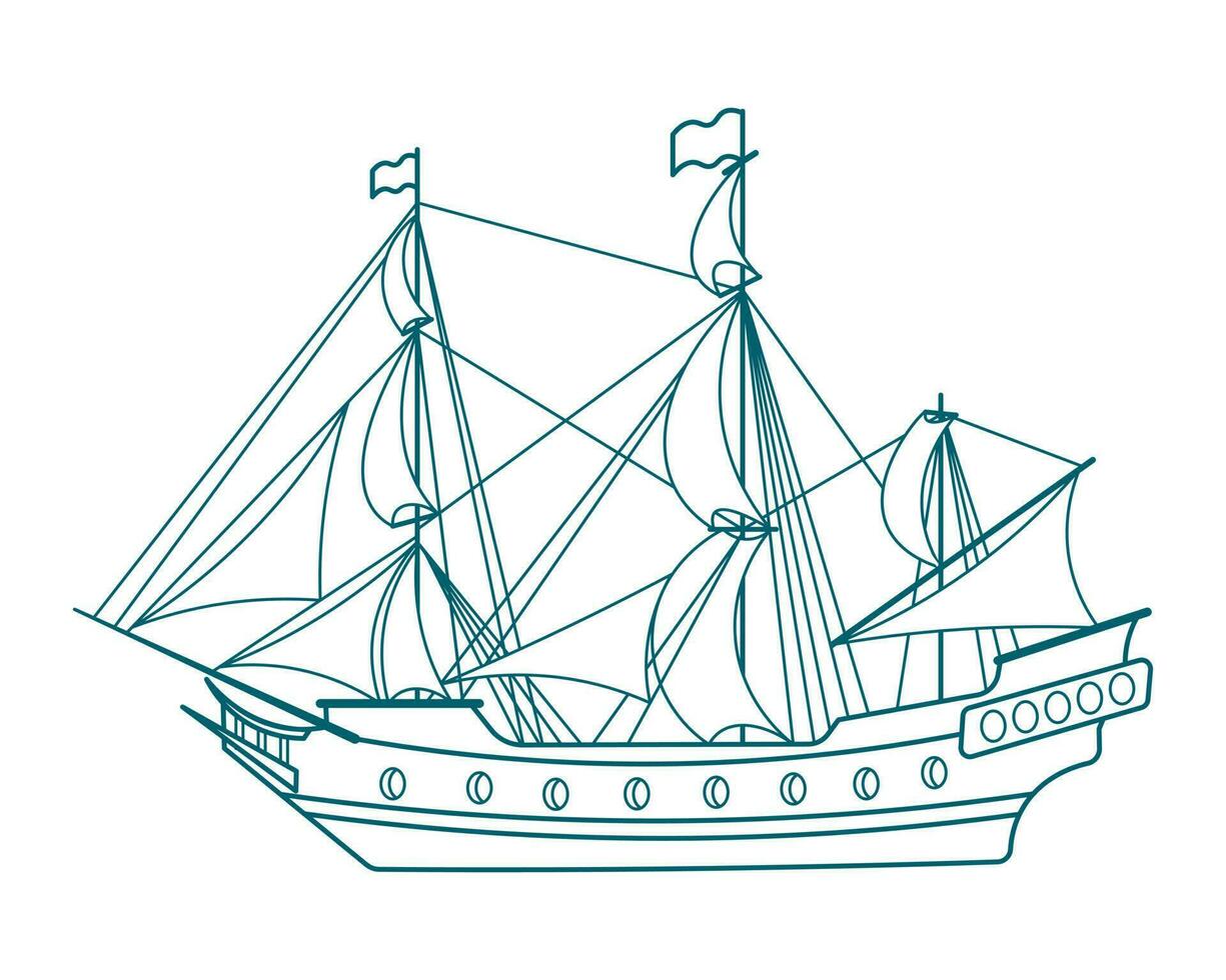 Blue line drawing of sea ship, frigate, caravel. Detail drawing, illustration, vector