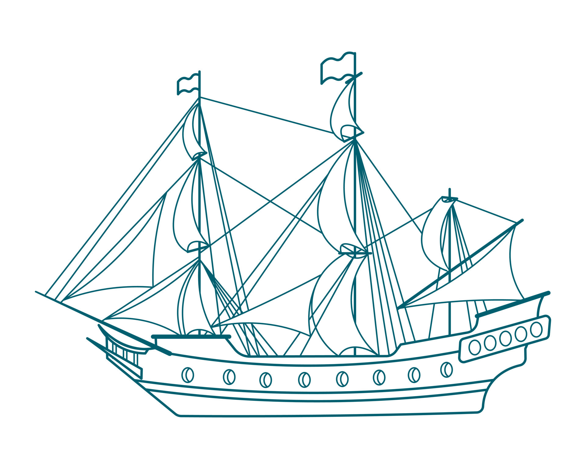 Blue line drawing of sea ship, frigate, caravel. Detail drawing