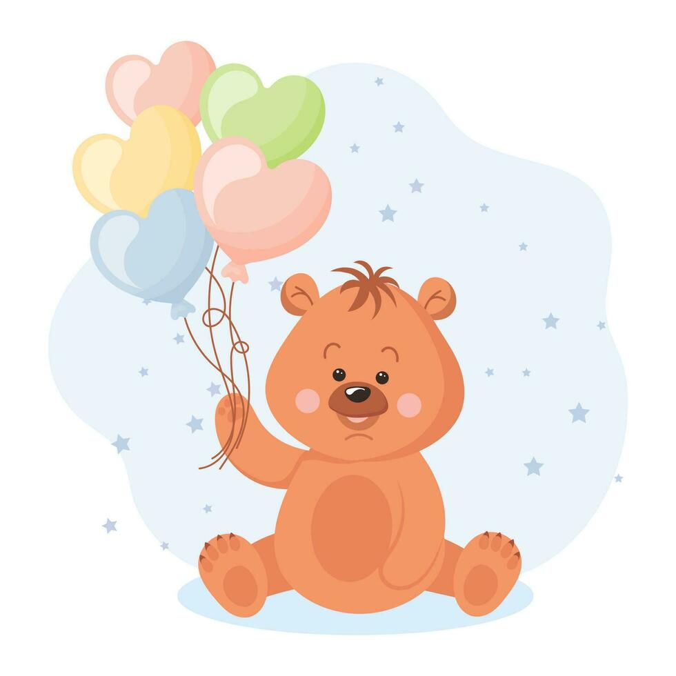 Cute cartoon teddy bear with heart shaped balloons. Baby illustration, greeting card, vector