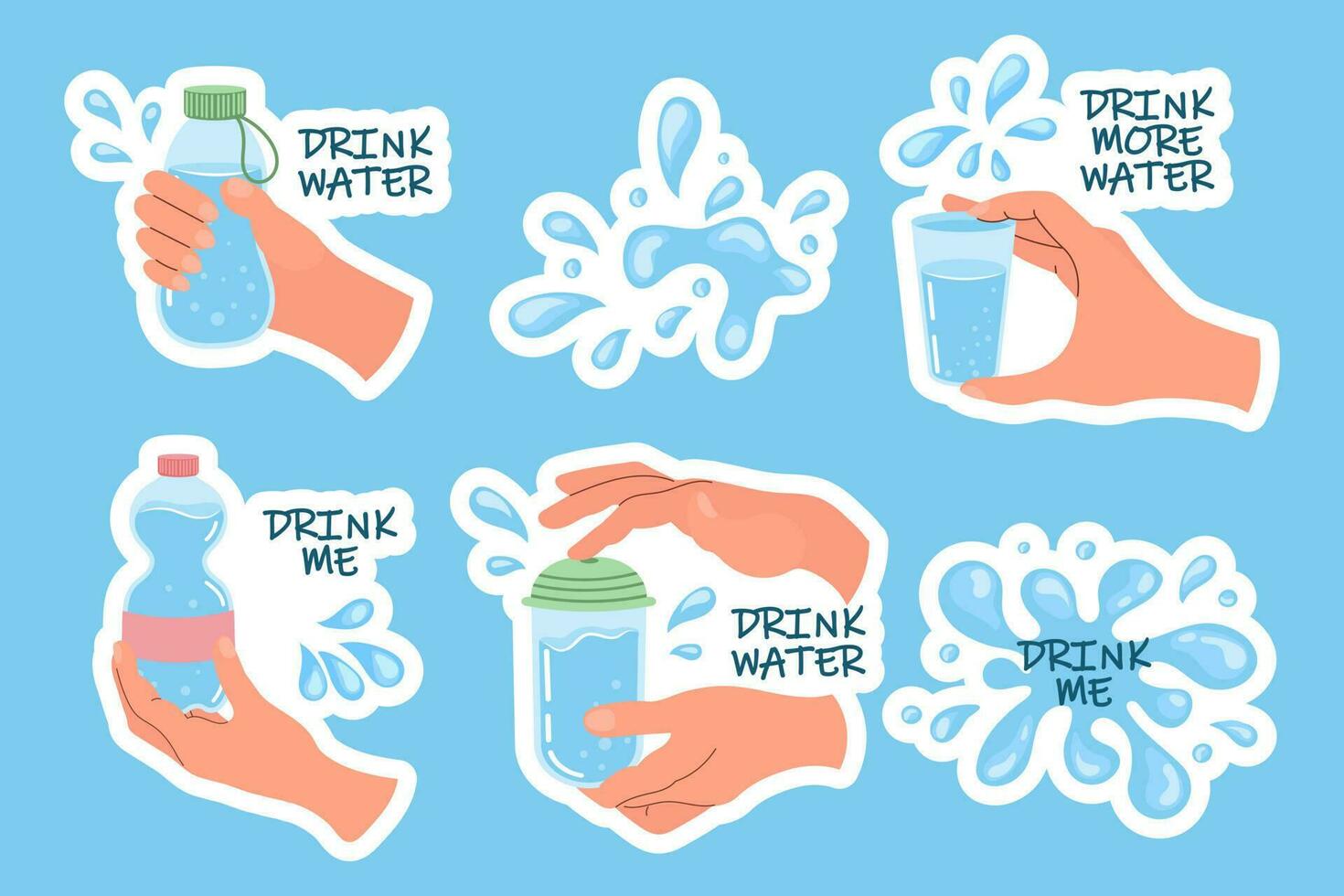 Set of hands holding different containers of water. Glasses and bottles of water in hands. Drink more water concept. Clip art, stickers, vector