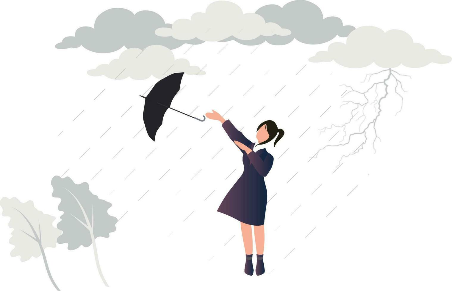 The girl's umbrella flew away due to the rain. vector