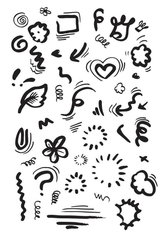 Hand drawn set elements, black on white background. Arrow, heart, love, star, leaf, sun, light, flower, crown, king, queen,Swishes, swoops, emphasis ,swirl, heart, for concept design. vector