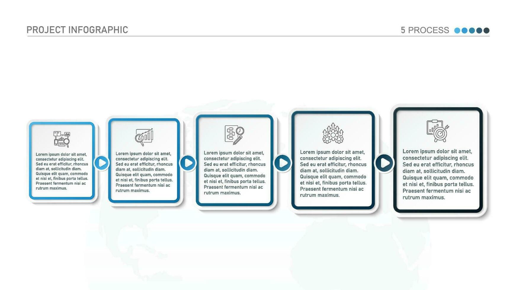 Horizontal timeline or flowchart with five square elements and space for data. Concept of 5 successive steps of company process. vector