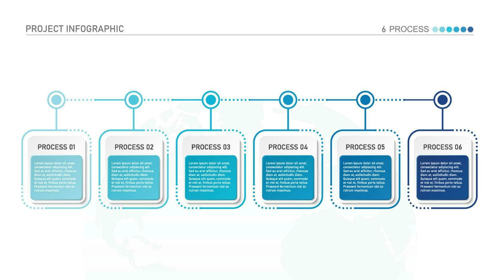 Horizontal timeline or flowchart with six square elements and space for data. Concept of 6 successive steps of company process. vector