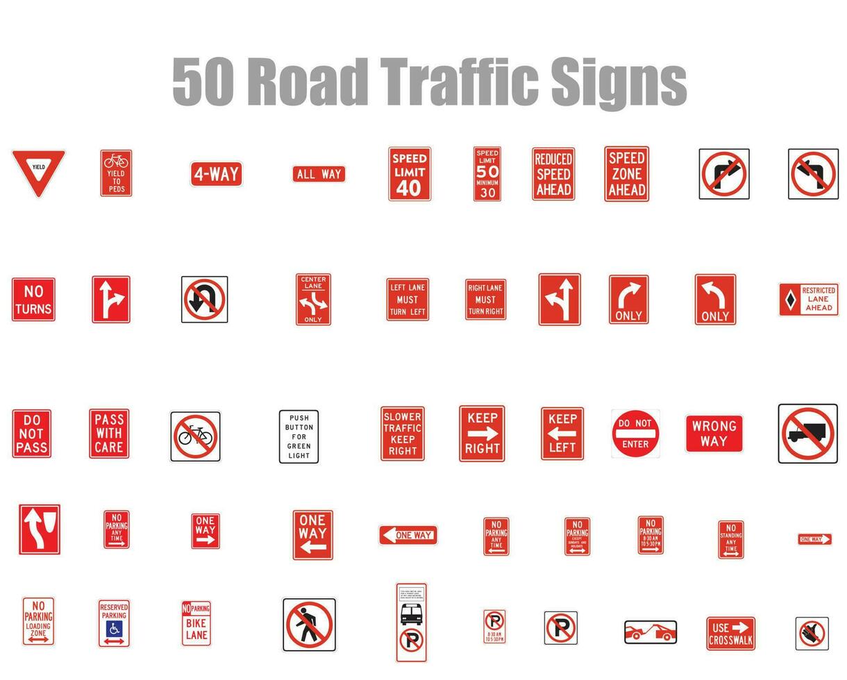 set of 50 road traffic signs vector