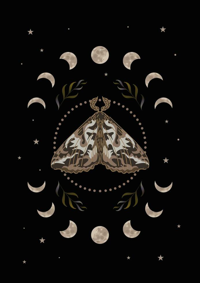 Moth, phases of the moon and stars, herbs. Vector illustration in ethnic style. Halloween, magic, witchcraft, astrology, mysticism. For logo, posters, cards, banners, fabric printing, tattoo design