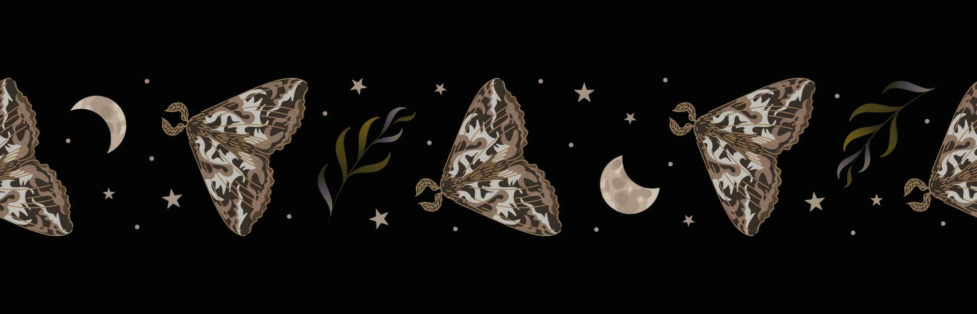 Moth, phases of the moon and stars, herbs. Seamless border, vector illustration. Night sky. Halloween, magic, witchcraft, astrology, mysticism. For wallpaper, fabric, wrapping, background.