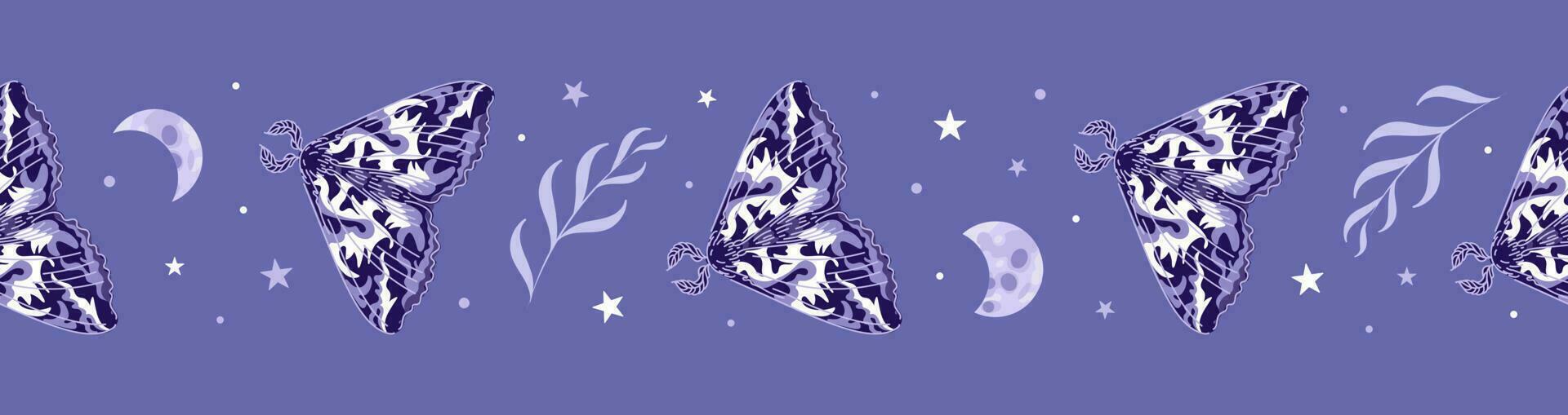 Moth, phases of the moon and stars, herbs. Seamless border, vector illustration in purple tones. Halloween, magic, witchcraft, astrology, mysticism. For wallpaper, fabric, wrapping, background.