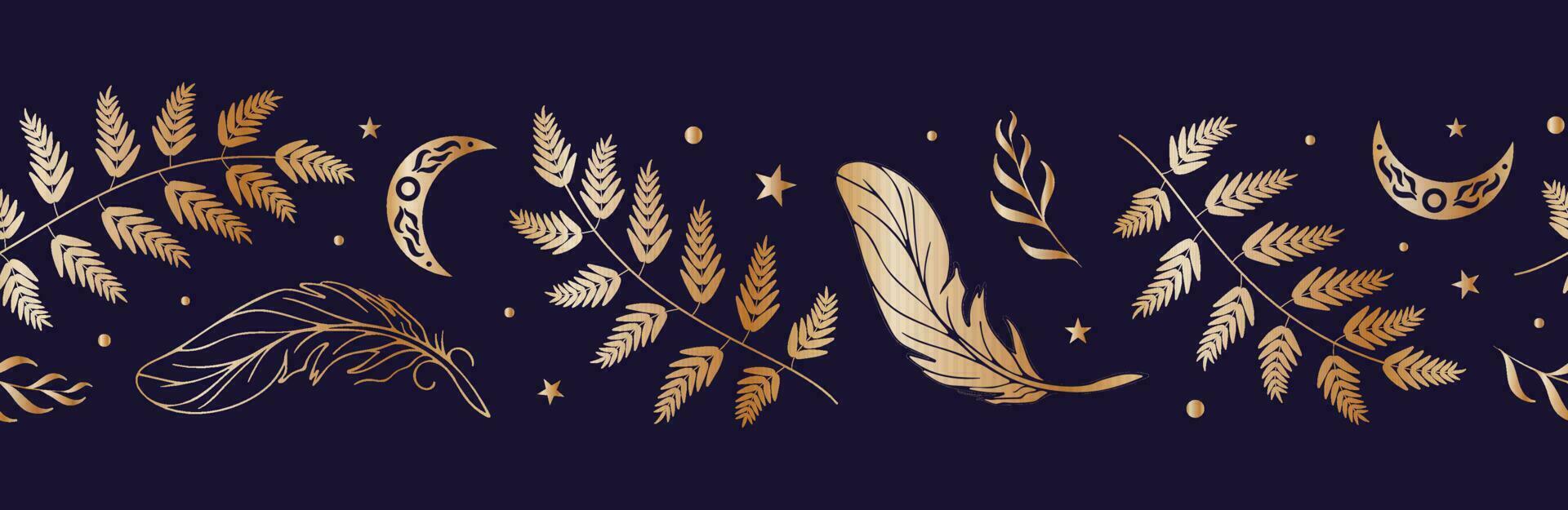 Magic seamless border. Moon, ferns, summer grasses, golden feathers, night sky, stars. Vector illustration. Halloween, witchcraft, astrology, mysticism. For wallpaper, fabric, wrapping, background